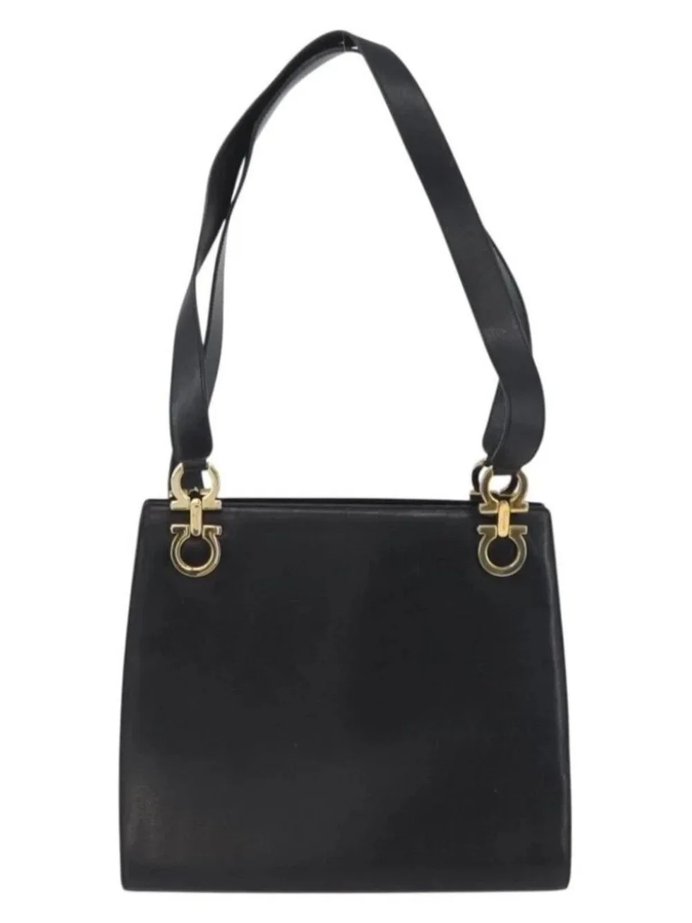 Salvatore Ferragamo Gancini Shoulder Bag Leather Black Gold Auth AMZ436